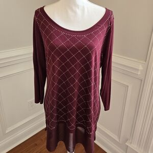 Women's Burgundy Top with Diamond Pattern And Gold Accents
